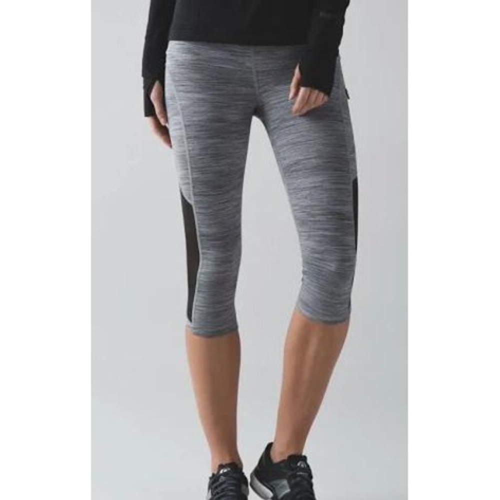 Lululemon Sun Runner Crop Leggings Capri Size 6 Athletic Mesh Space Dye Grey